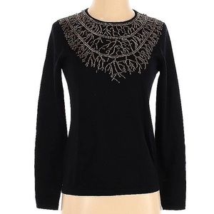 J.McLaughlin~Size XL~Black Beaded Super Soft Merino Wool Crewneck Sweater ~Gold